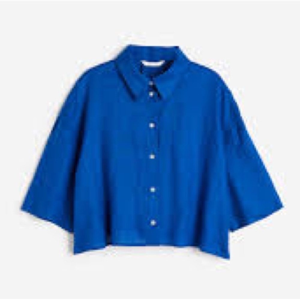 H&M Linen Short Sleeve Cropped Button Front Shirt Blue S